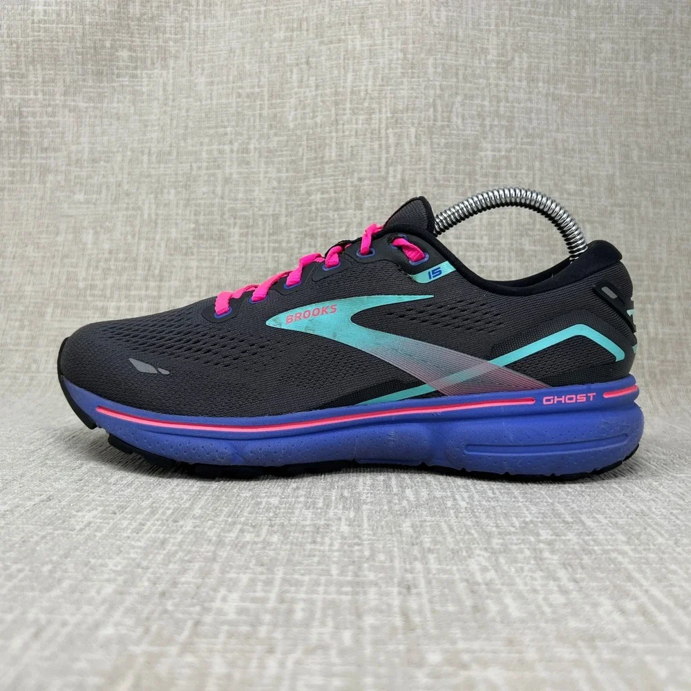Brooks Ghost 15 Running Shoes Women 9.5 Black Blue Pink Athletic Sneakers Gym